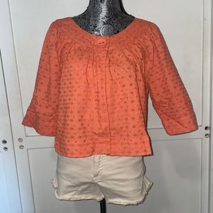 Apt. 9 Eyelet Cropped‎ Large Jacket Button Front 3/4 raglan Sleeve Coral Orange